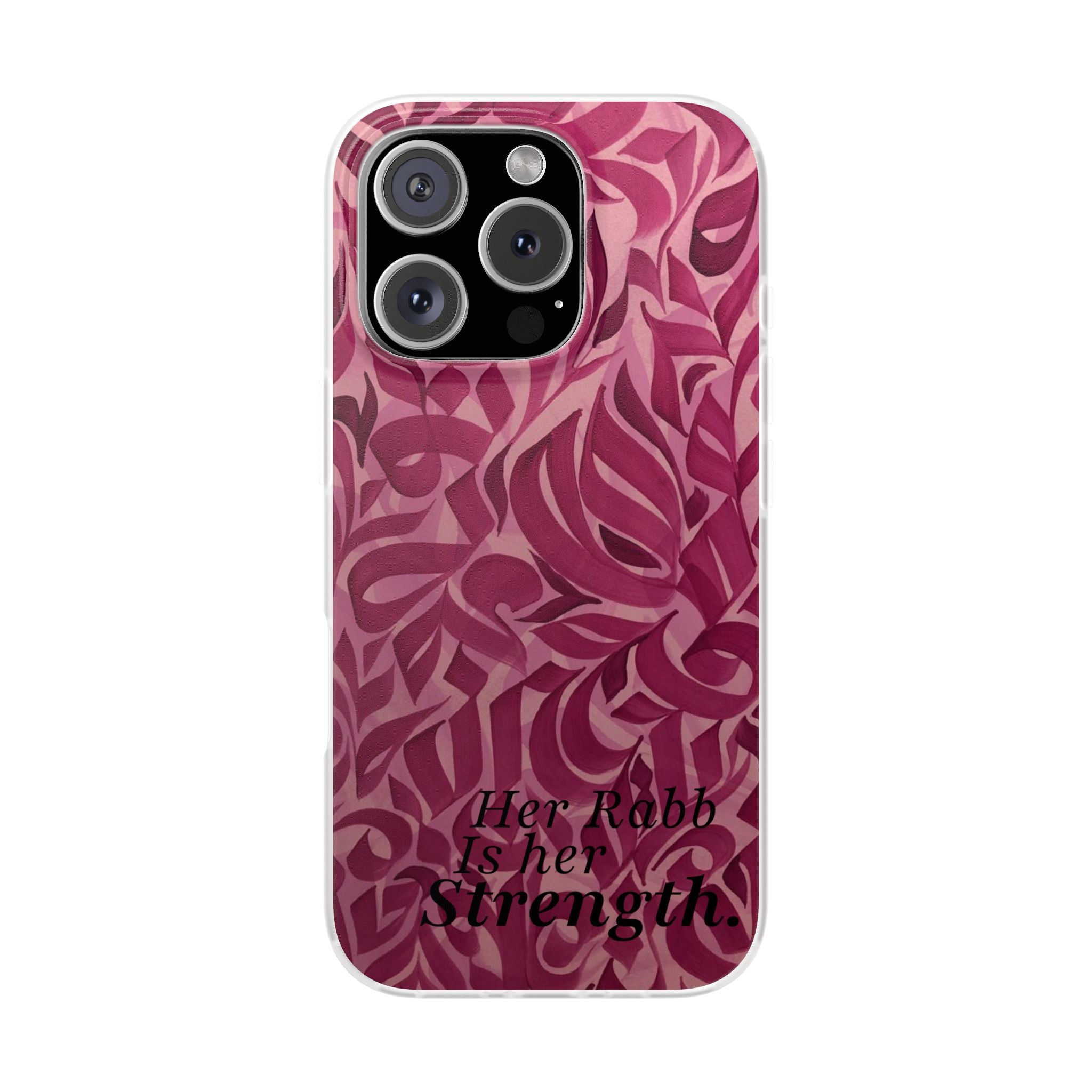 Floral Strength iPhone Case – Pink Abstract Leaf Pattern with "Her Faith Is Her Strength"