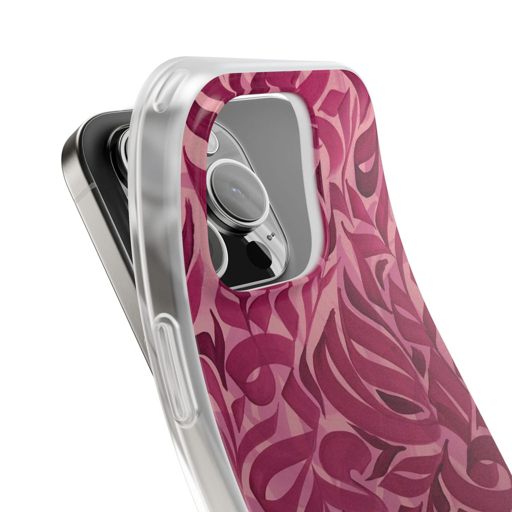 Floral Strength iPhone Case – Pink Abstract Leaf Pattern with "Her Faith Is Her Strength"