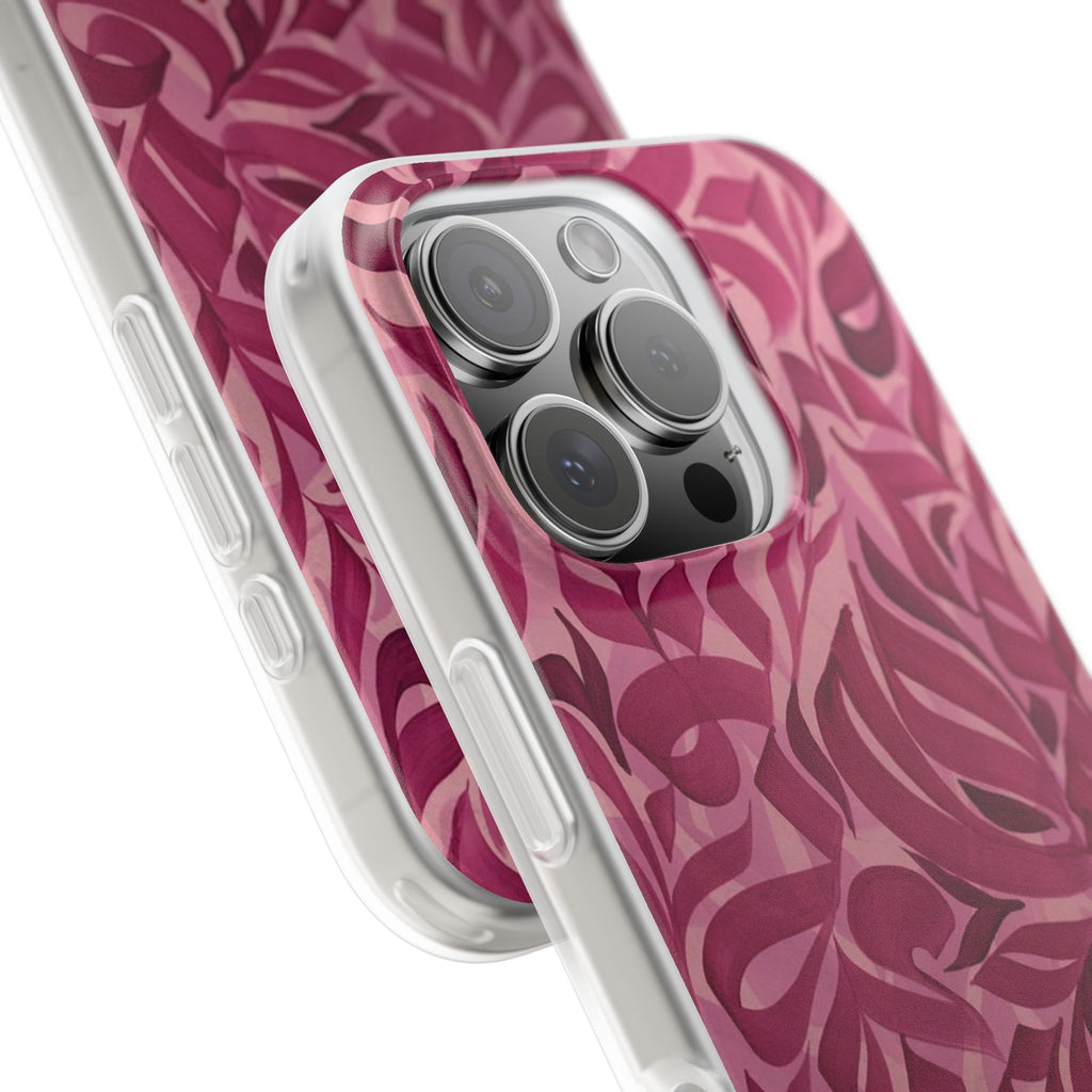 Floral Strength iPhone Case – Pink Abstract Leaf Pattern with "Her Faith Is Her Strength"