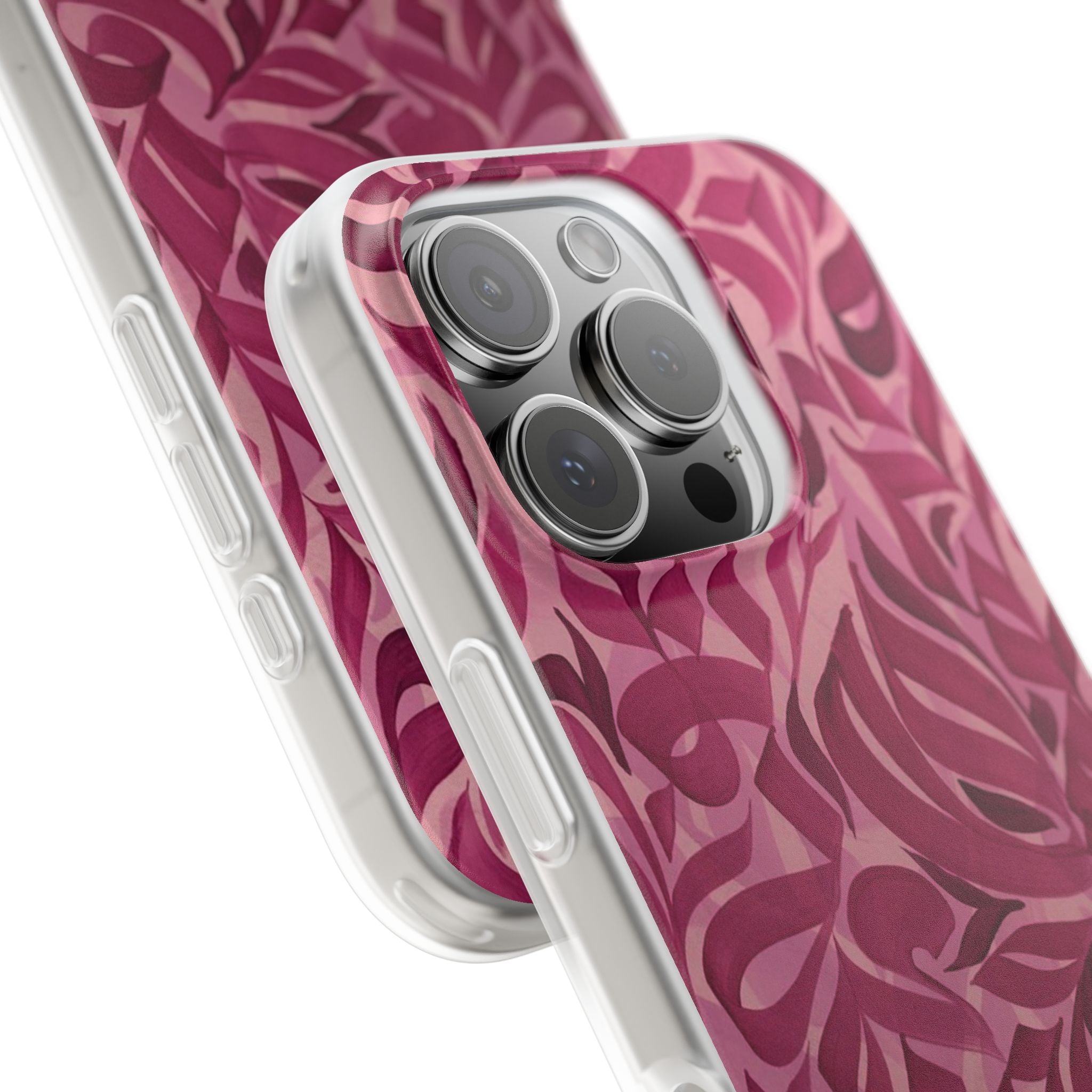 Floral Strength iPhone Case – Pink Abstract Leaf Pattern with "Her Faith Is Her Strength"